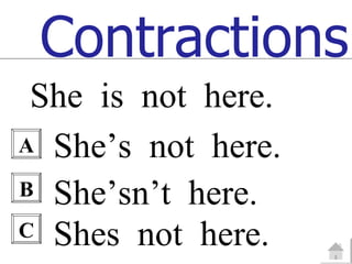 Contractions
 She is not here.
A She’s not here.

B She’sn’t here.
C Shes not here.
 