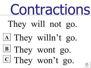 Contractions
They will not go.
A   They willn’t go.
B   They wont go.
C   They won’t go.
 