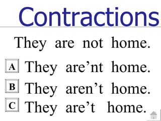 Contractions
They are not home.
A   They are’nt home.
B   They aren’t home.
C   They are’t home.
 