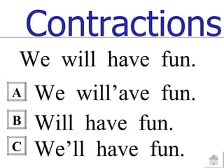 Contractions
We will have fun.
A   We will’ave fun.
B   Will have fun.
C   We’ll have fun.
 