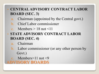 ADVISORY BOARDS
• CENTRAL ADVISORY CONTRACT LABOR
BOARD (SEC. 3)
a. Chairman (appointed by the Central govt.)
b. Chief Labor commissioner
c. Members > 18 not <11
• STATE ADVISORY CONTRACT LABOR
BOARD (SEC. 4)
a. Chairman
b. Labor commissioner (or any other person by
Govt.)
c. Members>11 not <9
 