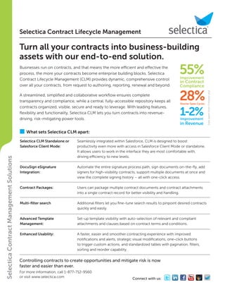 Connect with us:
Selectica Contract Lifecycle Management
Turn all your contracts into business-building
assets with our end-to-end solution.
Businesses run on contracts, and that means the more efficient and effective the
process, the more your contracts become enterprise building blocks. Selectica
Contract Lifecycle Management (CLM) provides dynamic, comprehensive control
over all your contracts, from request to authoring, reporting, renewal and beyond.
A streamlined, simplified and collaborative workflow ensures complete
transparency and compliance, while a central, fully-accessible repository keeps all
contracts organized, visible, secure and ready to leverage. With leading features,
flexibility and functionality, Selectica CLM lets you turn contracts into revenue-
driving, risk-mitigating power tools.
Controlling contracts to create opportunities and mitigate risk is now
faster and easier than ever.
For more information, call 1-877-712-9560
or visit www.selectica.com
SelecticaContractManagementSolutions
What sets Selectica CLM apart:
Seamlessly integrated within Salesforce, CLM is designed to boost
productivity even more with access in Salesforce Client Mode or standalone.
It allows users to work in the interface they are most comfortable with,
driving efficiency to new levels.
Automate the entire signature process path, sign documents on-the-fly, add
signers for high-visibility contracts, support multiple documents at once and
view the complete signing history – all with one-click access.
Users can package multiple contract documents and contract attachments
into a single contract record for better visibility and handling.
Additional filters let you fine-tune search results to pinpoint desired contracts
quickly and easily.
Set-up template visibility with auto-selection of relevant and compliant
attachments and clauses based on contract terms and conditions.
A faster, easier and smoother contracting experience with improved
notifications and alerts, strategic visual modifications, one-click buttons
to trigger custom actions, and standardized tables with pagination, filters,
sorting and reorder capability.
Selectica CLM Standalone or
Salesforce Client Mode:
DocuSign eSignature
Integration:
Contract Packages:
Multi-filter search
Advanced Template
Management:
Enhanced Usability:
28%Shorter Sales Cycles
55%Improvement
in Contract
Compliance
1-2%Improvement
in Revenue
StatstakenfromForresterand
 