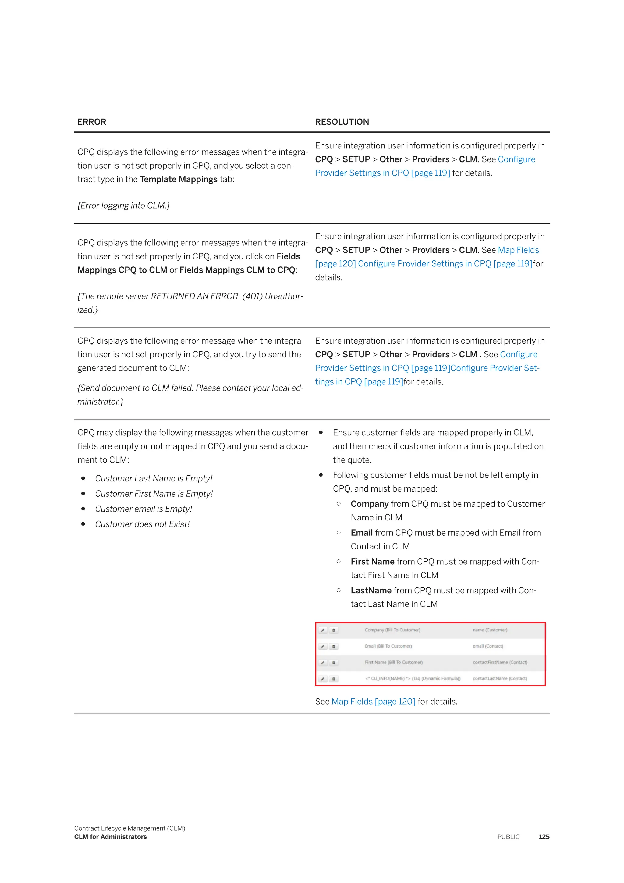 ERROR RESOLUTION
CPQ displays the following error messages when the integra­
tion user is not set properly in CPQ, and you select a con­
tract type in the Template Mappings tab:
{Error logging into CLM.}
Ensure integration user information is configured properly in
CPQ > SETUP > Other > Providers > CLM. See Configure
Provider Settings in CPQ [page 119] for details.
CPQ displays the following error messages when the integra­
tion user is not set properly in CPQ, and you click on Fields
Mappings CPQ to CLM or Fields Mappings CLM to CPQ:
{The remote server RETURNED AN ERROR: (401) Unauthor­
ized.}
Ensure integration user information is configured properly in
CPQ > SETUP > Other > Providers > CLM. See Map Fields
[page 120] Configure Provider Settings in CPQ [page 119]for
details.
CPQ displays the following error message when the integra­
tion user is not set properly in CPQ, and you try to send the
generated document to CLM:
{Send document to CLM failed. Please contact your local ad­
ministrator.}
Ensure integration user information is configured properly in
CPQ > SETUP > Other > Providers > CLM . See Configure
Provider Settings in CPQ [page 119]Configure Provider Set­
tings in CPQ [page 119]for details.
CPQ may display the following messages when the customer
fields are empty or not mapped in CPQ and you send a docu­
ment to CLM:
● Customer Last Name is Empty!
● Customer First Name is Empty!
● Customer email is Empty!
● Customer does not Exist!
● Ensure customer fields are mapped properly in CLM,
and then check if customer information is populated on
the quote.
● Following customer fields must be not be left empty in
CPQ, and must be mapped:
○ Company from CPQ must be mapped to Customer
Name in CLM
○ Email from CPQ must be mapped with Email from
Contact in CLM
○ First Name from CPQ must be mapped with Con­
tact First Name in CLM
○ LastName from CPQ must be mapped with Con­
tact Last Name in CLM
See Map Fields [page 120] for details.
Contract Lifecycle Management (CLM)
CLM for Administrators PUBLIC 125
 