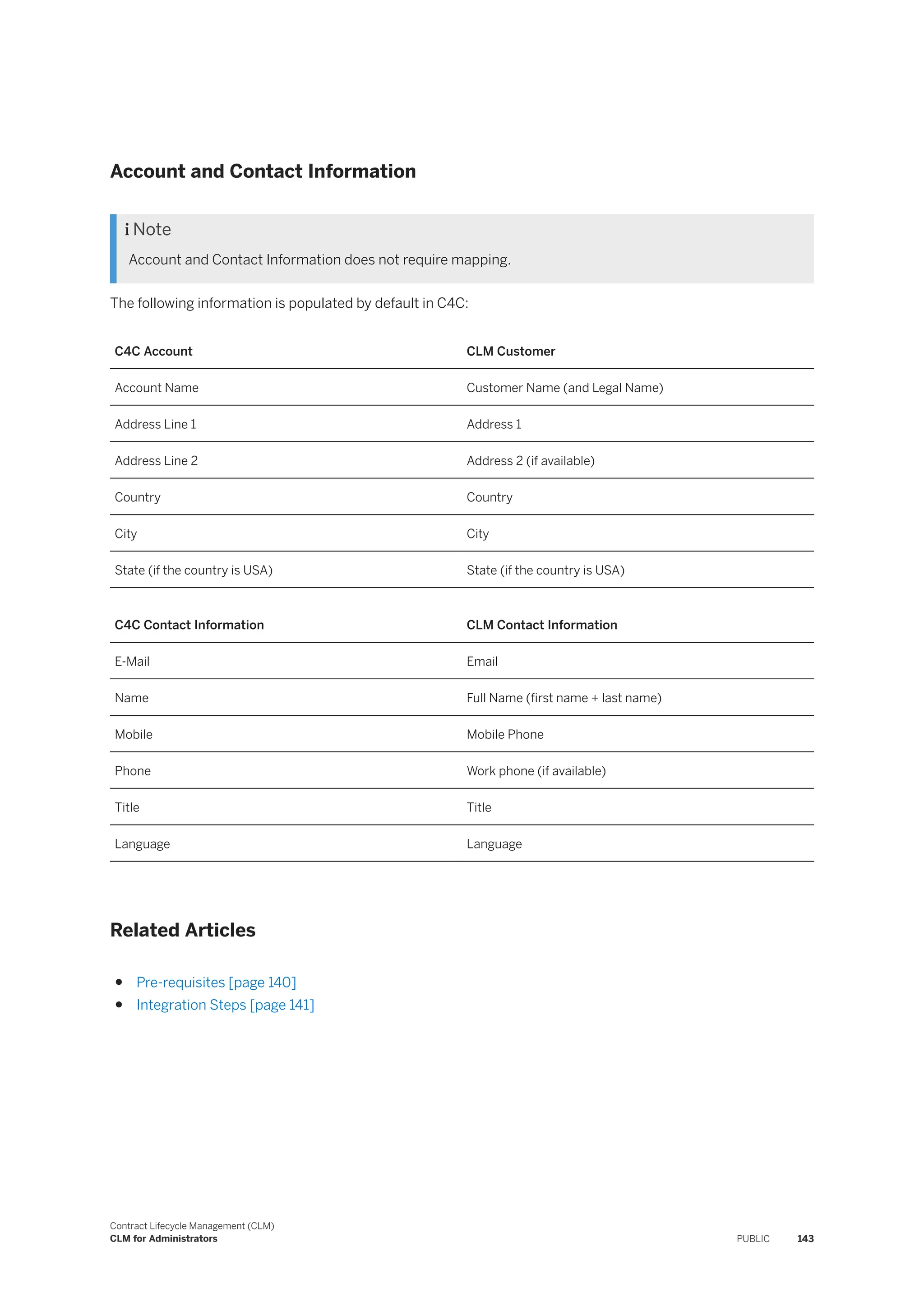 Account and Contact Information
 Note
Account and Contact Information does not require mapping.
The following information is populated by default in C4C:
C4C Account CLM Customer
Account Name Customer Name (and Legal Name)
Address Line 1 Address 1
Address Line 2 Address 2 (if available)
Country Country
City City
State (if the country is USA) State (if the country is USA)
C4C Contact Information CLM Contact Information
E-Mail Email
Name Full Name (first name + last name)
Mobile Mobile Phone
Phone Work phone (if available)
Title Title
Language Language
Related Articles
● Pre-requisites [page 140]
● Integration Steps [page 141]
Contract Lifecycle Management (CLM)
CLM for Administrators PUBLIC 143
 
