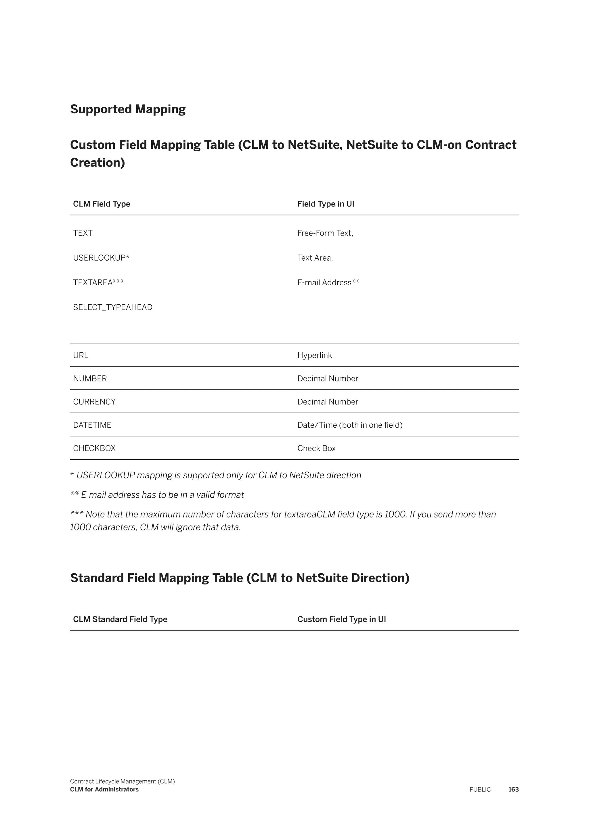 Supported Mapping
Custom Field Mapping Table (CLM to NetSuite, NetSuite to CLM-on Contract
Creation)
CLM Field Type Field Type in UI
TEXT
USERLOOKUP*
TEXTAREA***
SELECT_TYPEAHEAD
Free-Form Text,
Text Area,
E-mail Address**
URL Hyperlink
NUMBER Decimal Number
CURRENCY Decimal Number
DATETIME Date/Time (both in one field)
CHECKBOX Check Box
* USERLOOKUP mapping is supported only for CLM to NetSuite direction
** E-mail address has to be in a valid format
*** Note that the maximum number of characters for textareaCLM field type is 1000. If you send more than
1000 characters, CLM will ignore that data.
Standard Field Mapping Table (CLM to NetSuite Direction)
CLM Standard Field Type Custom Field Type in UI
Contract Lifecycle Management (CLM)
CLM for Administrators PUBLIC 163
 