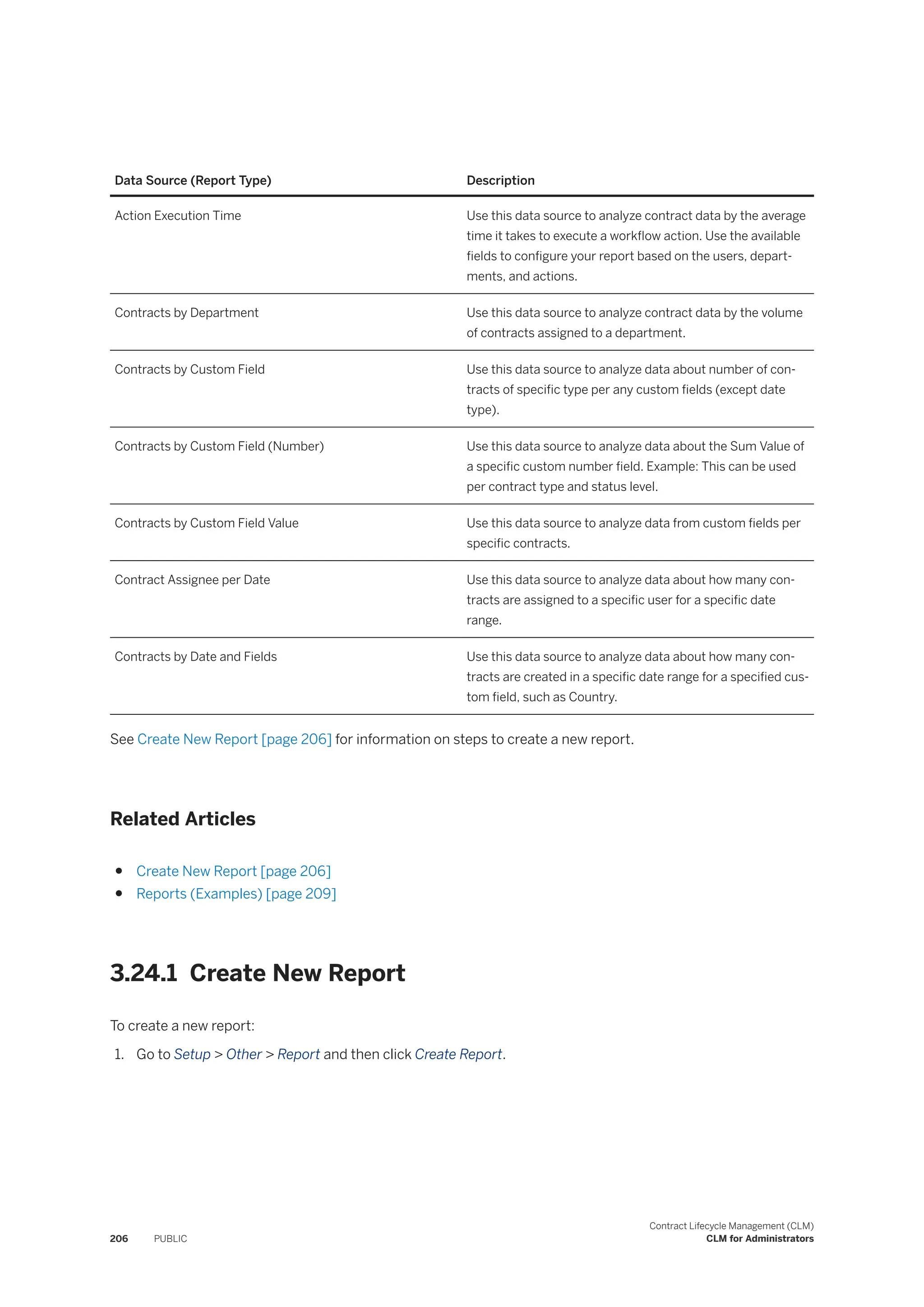 Data Source (Report Type) Description
Action Execution Time Use this data source to analyze contract data by the average
time it takes to execute a workflow action. Use the available
fields to configure your report based on the users, depart­
ments, and actions.
Contracts by Department Use this data source to analyze contract data by the volume
of contracts assigned to a department.
Contracts by Custom Field Use this data source to analyze data about number of con­
tracts of specific type per any custom fields (except date
type).
Contracts by Custom Field (Number) Use this data source to analyze data about the Sum Value of
a specific custom number field. Example: This can be used
per contract type and status level.
Contracts by Custom Field Value Use this data source to analyze data from custom fields per
specific contracts.
Contract Assignee per Date Use this data source to analyze data about how many con­
tracts are assigned to a specific user for a specific date
range.
Contracts by Date and Fields Use this data source to analyze data about how many con­
tracts are created in a specific date range for a specified cus­
tom field, such as Country.
See Create New Report [page 206] for information on steps to create a new report.
Related Articles
● Create New Report [page 206]
● Reports (Examples) [page 209]
3.24.1 Create New Report
To create a new report:
1. Go to Setup > Other > Report and then click Create Report.
206 PUBLIC
Contract Lifecycle Management (CLM)
CLM for Administrators
 