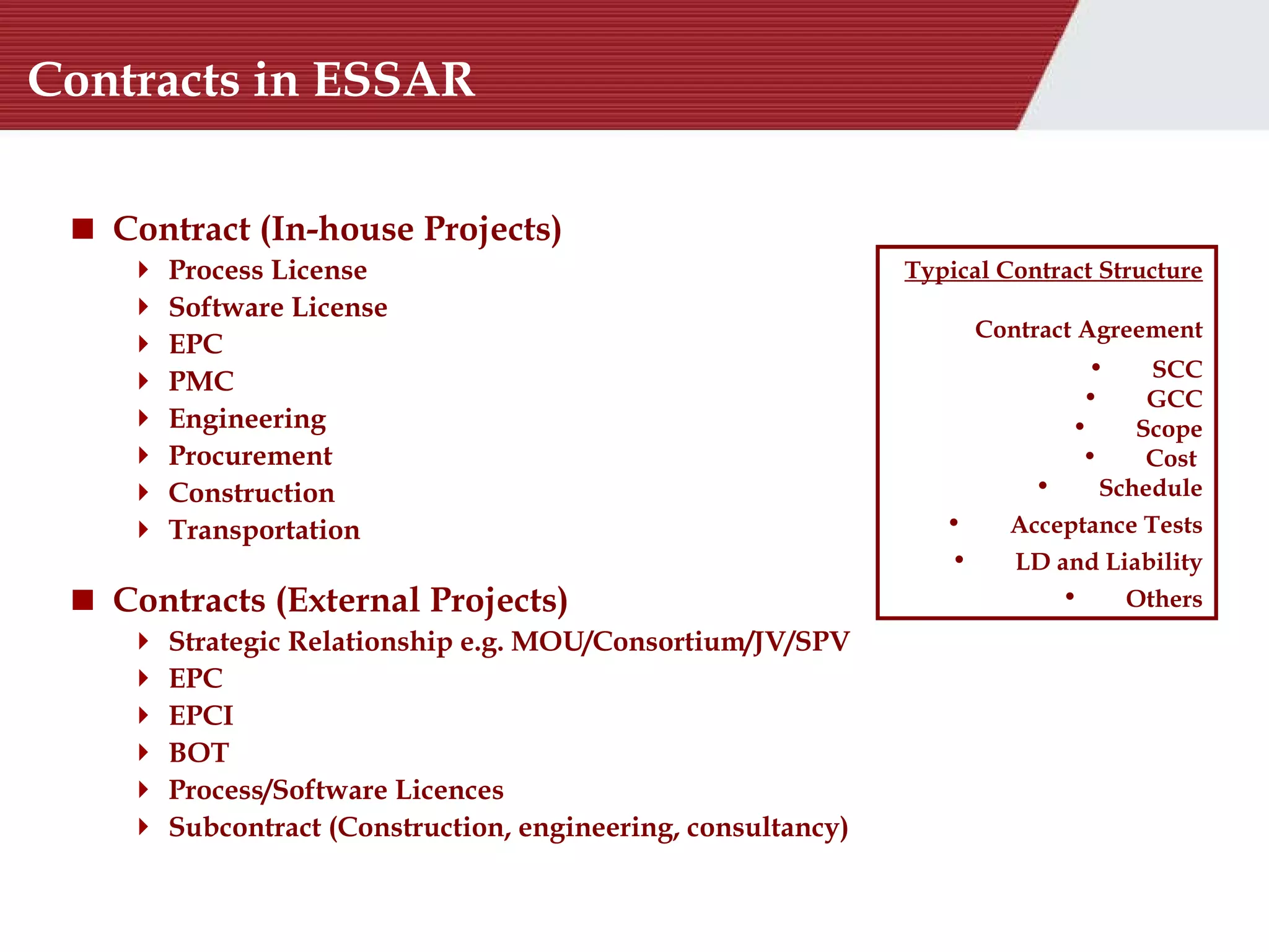 Contracts in ESSAR Contract (In-house Projects) Process License Software License EPC PMC Engineering Procurement Construction Transportation Contracts (External Projects) Strategic Relationship e.g. MOU/Consortium/JV/SPV EPC EPCI BOT Process/Software Licences Subcontract (Construction, engineering, consultancy) Typical Contract Structure Contract Agreement SCC GCC Scope Cost  Schedule Acceptance Tests LD and Liability Others 