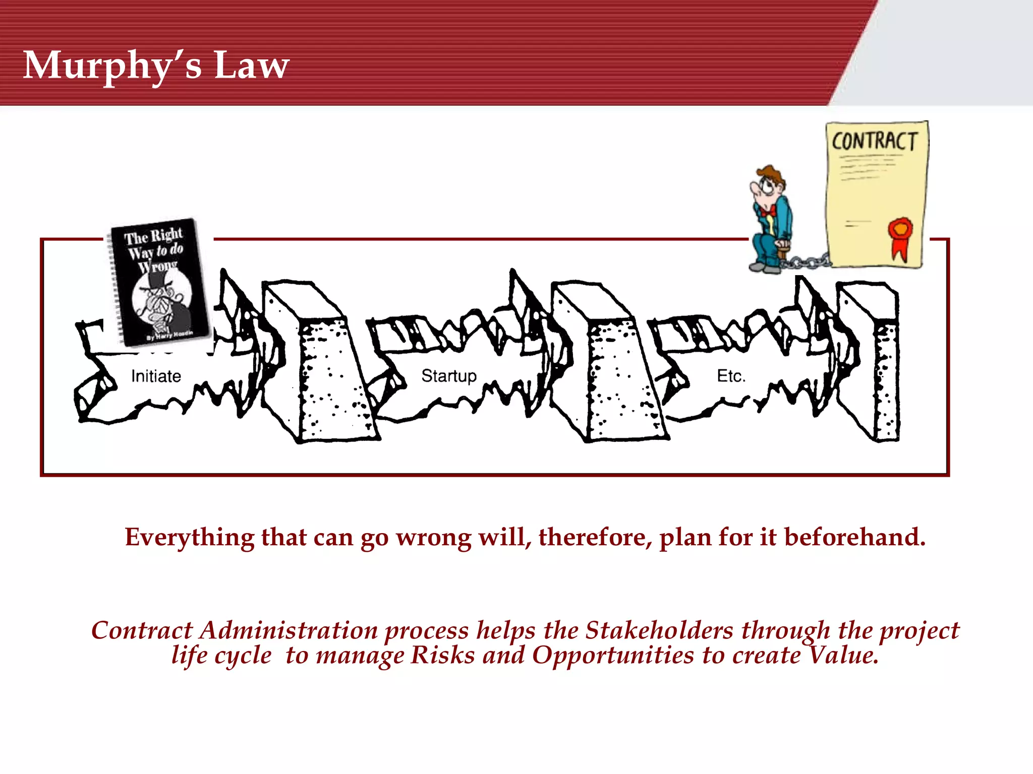 Murphy’s Law Everything that can go wrong will, therefore, plan for it beforehand. Contract Administration process helps the Stakeholders through the project life cycle  to manage Risks and Opportunities to create Value. 