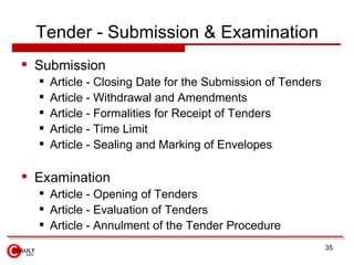 Tender - Submission & Examination <ul><li>Submission </li></ul><ul><ul><li>Article - Closing Date for the Submission of Te...