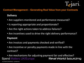 Contract Management – Generating Real Value from your Contracts 
Spend Matters UK/Europe 
©ALL RIGHTS RESERVED - Confidential 
Delivery 
• Are suppliers monitored and performance measured? 
• Is reporting appropriate and proportionate? 
• Are the right actions taken to address failures? 
• Are incentives used to drive the right delivery performance? Payment 
• Are invoices and payments checked and verified? 
• Are incentive or penalty payments made in line with the contract? 
• Are mechanisms for adjusting payment fair and effective?  
