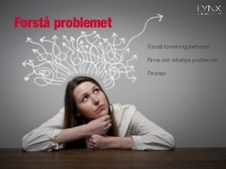 Forstå problemet
Forstå forretningsbehovet

Finne det virkelige problemet

Prioriter
 