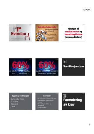 Budskapet er: gjør det enkelt
•  Bruk	
  kontrakten	
  som	
  et	
  verktøy	
  
– Vær	
  pedagogisk	
  ved	
  uDorming	
  
– Få	
  kontrakten	
  opp	
  av	
  skuﬀen	
  
•  Risikoanalyse	
  –	
  ﬂyH	
  fokus	
  og	
  innsats	
  fremover	
  
i	
  prosessen	
  –	
  mindre	
  opprydding	
  
•  Lær	
  av	
  andres	
  feil	
  -­‐	
  alle	
  feil	
  er	
  gjort	
  før	
  
•  Det	
  er	
  vanligvis	
  de	
  enkleste	
  og	
  små	
  
hendelsene	
  som	
  velter	
  lasset	
  
3
 