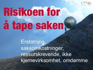 Risikoen for
å tape saken
Erstatning,
saksomkostninger,
ressurskrevende, ikke
kjernevirksomhet, omdømme
 