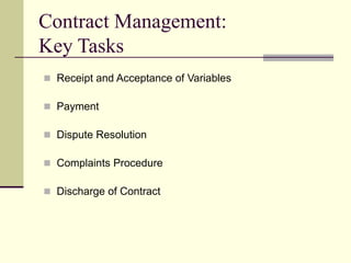 Contract Management:
Key Tasks
 Receipt and Acceptance of Variables
 Payment
 Dispute Resolution
 Complaints Procedure
 Discharge of Contract
 