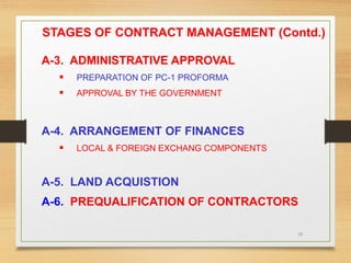 18
STAGES OF CONTRACT MANAGEMENT (Contd.)
A-3. ADMINISTRATIVE APPROVAL
 PREPARATION OF PC-1 PROFORMA
 APPROVAL BY THE GOVERNMENT
A-4. ARRANGEMENT OF FINANCES
 LOCAL & FOREIGN EXCHANG COMPONENTS
A-5. LAND ACQUISTION
A-6. PREQUALIFICATION OF CONTRACTORS
 