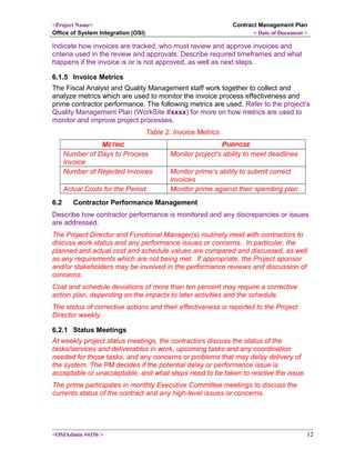 <Project Name>
Office of System Integration (OSI)
Contract Management Plan
< Date of Document >
Indicate how invoices are tracked, who must review and approve invoices and
criteria used in the review and approvals. Describe required timeframes and what
happens if the invoice is or is not approved, as well as next steps.
6.1.5 Invoice Metrics
The Fiscal Analyst and Quality Management staff work together to collect and
analyze metrics which are used to monitor the invoice process effectiveness and
prime contractor performance. The following metrics are used. Refer to the project’s
Quality Management Plan (WorkSite #xxxx) for more on how metrics are used to
monitor and improve project processes.
Table 2. Invoice Metrics
METRIC PURPOSE
Number of Days to Process
Invoice
Monitor project’s ability to meet deadlines
Number of Rejected Invoices Monitor prime’s ability to submit correct
invoices
Actual Costs for the Period Monitor prime against their spending plan
6.2 Contractor Performance Management
Describe how contractor performance is monitored and any discrepancies or issues
are addressed.
The Project Director and Functional Manager(s) routinely meet with contractors to
discuss work status and any performance issues or concerns. In particular, the
planned and actual cost and schedule values are compared and discussed, as well
as any requirements which are not being met. If appropriate, the Project sponsor
and/or stakeholders may be involved in the performance reviews and discussion of
concerns.
Cost and schedule deviations of more than ten percent may require a corrective
action plan, depending on the impacts to later activities and the schedule.
The status of corrective actions and their effectiveness is reported to the Project
Director weekly.
6.2.1 Status Meetings
At weekly project status meetings, the contractors discuss the status of the
tasks/services and deliverables in work, upcoming tasks and any coordination
needed for those tasks, and any concerns or problems that may delay delivery of
the system. The PM decides if the potential delay or performance issue is
acceptable or unacceptable, and what steps need to be taken to resolve the issue.
The prime participates in monthly Executive Committee meetings to discuss the
currents status of the contract and any high-level issues or concerns.
<OSIAdmin #4156 > 12
 