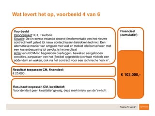 Pagina 13 van 21
Wat levert het op, voorbeeld 4 van 6
Voorbeeld
Inkooppakket: ICT, Telefonie
Situatie: De (in eerste instantie stroeve) implementatie van het nieuwe
contract heeft geleid tot nauw contact tussen betrokken technici. Een
alternatieve manier van omgaan met vast en mobiel telefoonverkeer, met
een kostenbesparing tot gevolg, is het resultaat
Actie vanuit CM-rol: begeleiden overleggen, bewaken aangeboden
condities, aanpassen van het (flexibel opgestelde) contract middels een
addendum en waken, ook via het contract, voor een technische ‘lock in’.
Resultaat toepassen CM, financieel:
€ 25.000
Resultaat toepassen CM, kwalitatief:
Voor de klant geen kwalitatief gevolg, deze merkt niets van de ‘switch’
Financieel
(cumulatief)
€ 103.000,-
 