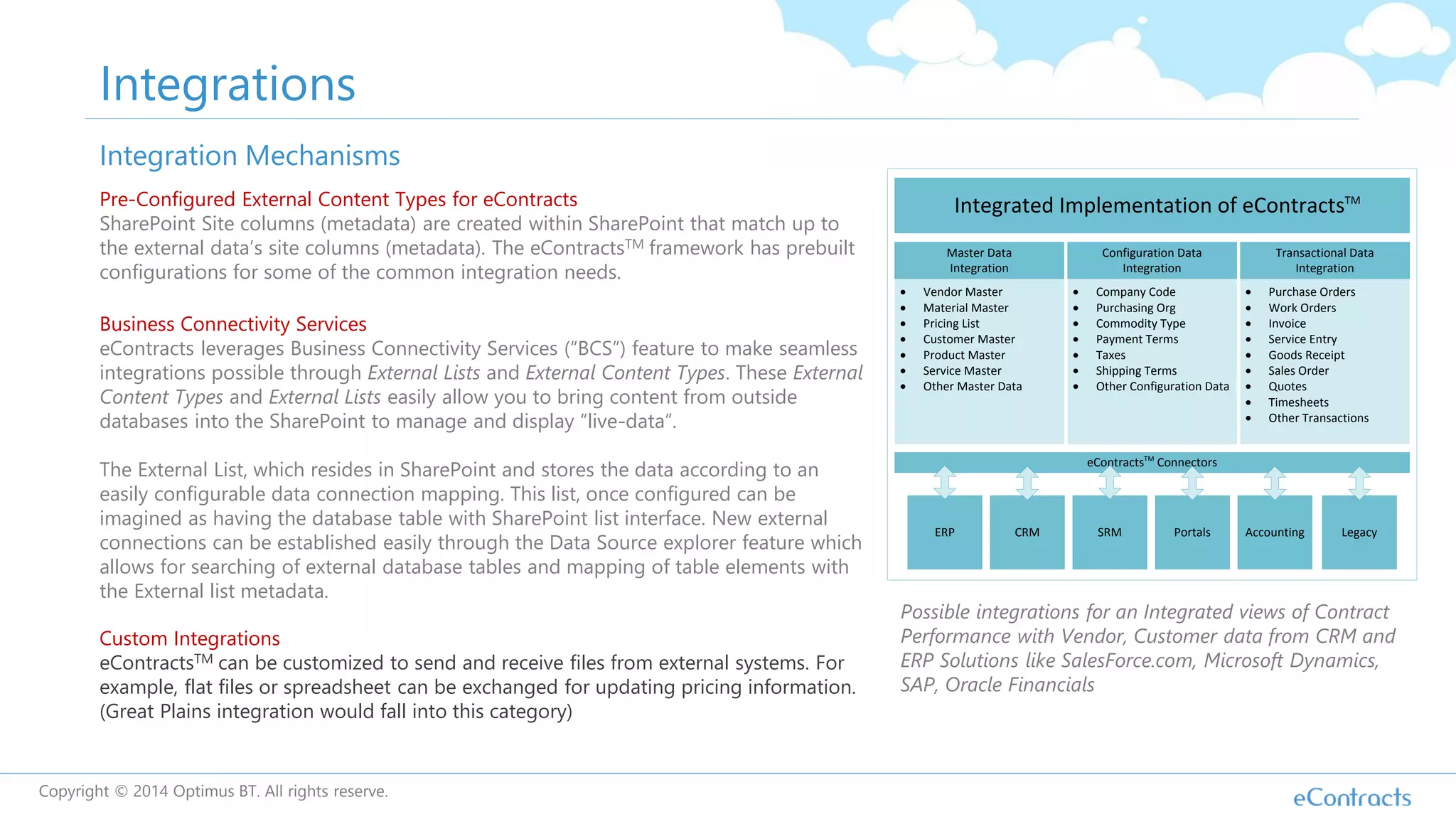 Integrations
Integration Mechanisms
Business Connectivity Services
eContracts leverages Business Connectivity Services (“BCS”) feature to make seamless
integrations possible through External Lists and External Content Types. These External
Content Types and External Lists easily allow you to bring content from outside
databases into the SharePoint to manage and display “live-data”.
The External List, which resides in SharePoint and stores the data according to an
easily configurable data connection mapping. This list, once configured can be
imagined as having the database table with SharePoint list interface. New external
connections can be established easily through the Data Source explorer feature which
allows for searching of external database tables and mapping of table elements with
the External list metadata.
Pre-Configured External Content Types for eContracts
SharePoint Site columns (metadata) are created within SharePoint that match up to
the external data’s site columns (metadata). The eContractsTM framework has prebuilt
configurations for some of the common integration needs.
Custom Integrations
eContractsTM can be customized to send and receive files from external systems. For
example, flat files or spreadsheet can be exchanged for updating pricing information.
(Great Plains integration would fall into this category)
Integrated Implementation of eContractsTM
Master Data
Integration
Configuration Data
Integration
Transactional Data
Integration
· Vendor Master
· Material Master
· Pricing List
· Customer Master
· Product Master
· Service Master
· Other Master Data
· Company Code
· Purchasing Org
· Commodity Type
· Payment Terms
· Taxes
· Shipping Terms
· Other Configuration Data
· Purchase Orders
· Work Orders
· Invoice
· Service Entry
· Goods Receipt
· Sales Order
· Quotes
· Timesheets
· Other Transactions
ERP CRM SRM Portals Accounting Legacy
eContractsTM
Connectors
Possible integrations for an Integrated views of Contract
Performance with Vendor, Customer data from CRM and
ERP Solutions like SalesForce.com, Microsoft Dynamics,
SAP, Oracle Financials
Copyright © 2014 Optimus BT. All rights reserve.
 