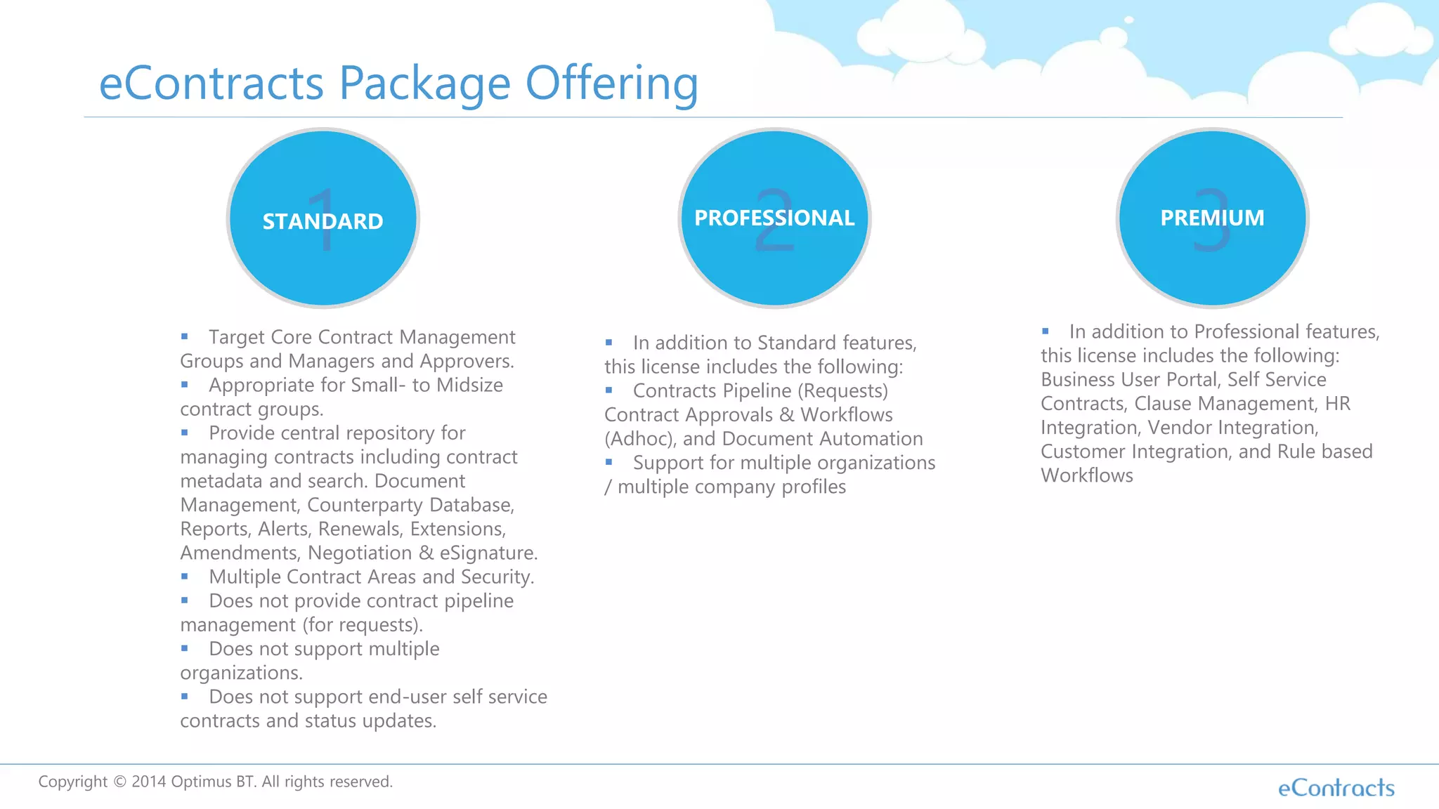 eContracts Package Offering
 Target Core Contract Management
Groups and Managers and Approvers.
 Appropriate for Small- to Midsize
contract groups.
 Provide central repository for
managing contracts including contract
metadata and search. Document
Management, Counterparty Database,
Reports, Alerts, Renewals, Extensions,
Amendments, Negotiation & eSignature.
 Multiple Contract Areas and Security.
 Does not provide contract pipeline
management (for requests).
 Does not support multiple
organizations.
 Does not support end-user self service
contracts and status updates.
1STANDARD
2 3PROFESSIONAL PREMIUM
 In addition to Standard features,
this license includes the following:
 Contracts Pipeline (Requests)
Contract Approvals & Workflows
(Adhoc), and Document Automation
 Support for multiple organizations
/ multiple company profiles
 In addition to Professional features,
this license includes the following:
Business User Portal, Self Service
Contracts, Clause Management, HR
Integration, Vendor Integration,
Customer Integration, and Rule based
Workflows
Copyright © 2014 Optimus BT. All rights reserved.
 