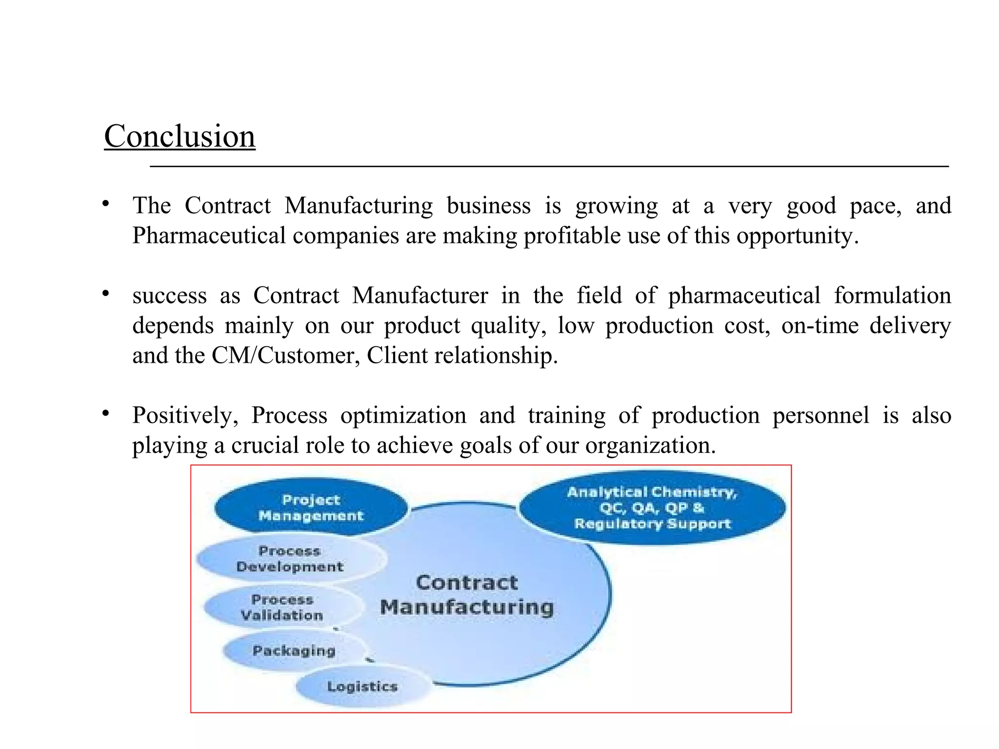 Conclusion
• The Contract Manufacturing business is growing at a very good pace, and
Pharmaceutical companies are making profitable use of this opportunity.
• success as Contract Manufacturer in the field of pharmaceutical formulation
depends mainly on our product quality, low production cost, on-time delivery
and the CM/Customer, Client relationship.
• Positively, Process optimization and training of production personnel is also
playing a crucial role to achieve goals of our organization.

 