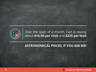 15 Contractor Marketing Math+
Over the span of a month, Carl is paying
about $16.50 per click and $225 per lead
ASTRONOMICAL PRICES, IF YOU ASK ME!
 