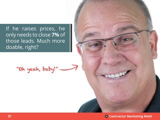 37 Contractor Marketing Math+
If he raises prices, he
only needs to close 7% of
those leads. Much more
doable, right?
“Oh yeah, baby!”
 