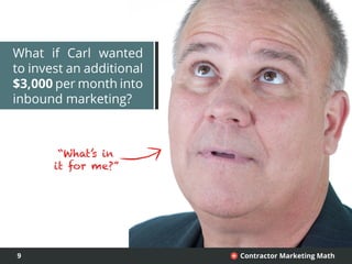 9 Contractor Marketing Math+
What if Carl wanted
to invest an additional
$3,000 per month into
inbound marketing?
“What’s in
it for me?”
 