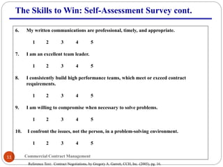 Commercial Contract Management11
The Skills to Win: Self-Assessment Survey cont.
6. My written communications are professional, timely, and appropriate.
1 2 3 4 5
7. I am an excellent team leader.
1 2 3 4 5
8. I consistently build high performance teams, which meet or exceed contract
requirements.
1 2 3 4 5
9. I am willing to compromise when necessary to solve problems.
1 2 3 4 5
10. I confront the issues, not the person, in a problem-solving environment.
1 2 3 4 5
Reference Text: Contract Negotiations, by Gregory A. Garrett, CCH, Inc. (2005), pg. 16.
 