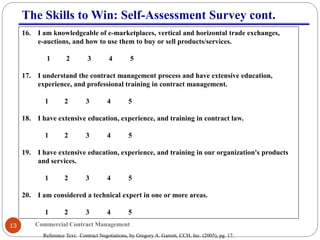 Commercial Contract Management13
The Skills to Win: Self-Assessment Survey cont.
16. I am knowledgeable of e-marketplaces, vertical and horizontal trade exchanges,
e-auctions, and how to use them to buy or sell products/services.
1 2 3 4 5
17. I understand the contract management process and have extensive education,
experience, and professional training in contract management.
1 2 3 4 5
18. I have extensive education, experience, and training in contract law.
1 2 3 4 5
19. I have extensive education, experience, and training in our organization's products
and services.
1 2 3 4 5
20. I am considered a technical expert in one or more areas.
1 2 3 4 5
Reference Text: Contract Negotiations, by Gregory A. Garrett, CCH, Inc. (2005), pg. 17.
 