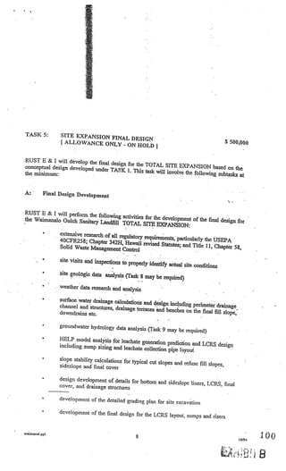 I
      I




    TASK 5:        SITE EXPANSION FIN
                                      AL DESIGN
                   [ALLOWANCE ONLY                                                               $ 500,000
                                        ON HOLD -
                                                               I
    RUST B & I will develop the fina
                                     l design for the TOTAL SITE EX
    conceptual design developed under                                  PANSION based on the
                                       TASK I. This task will involve the
    the minimum:                                                          following subtasks at


    A:     Final Design Development


    RUST E & I will perform the
                                 following activities for the develop
    the Waimanalo Gulch Sanitary                                      ment of the final design for
                                  lAndfill TOTAL SITE EXPANS
                                                                    ION:
           •       extensive research of all regulat
                                                     ory requirements,: particularly the
                   40CFR258; Chapter 342H, Haw                                            USEPA
                                                     aii revised Statutes; and Title
                   Solid Waste Management Con                                         11, Chapter 58,
                                                  trol
           •       site visits and inspections to
                                                  properly identify actual site conditi
                                                                                        ons
           •       site geologic data analysis (ta
                                                    sk 8 may be required)
                  weather data research and analysi
                                                    s                             V




           •      sufface water drainage calculation
                                                     s and design including perimeter
                  channel and structures, drainage                                     drainage
                                                   terraces and benches on the final
                  downdrains etc.                                                     fill slope,
                                                    V




                                                                                                    V




           •      groundwater hydrology data ana
                                                 lysis (task 9 may be required)
           •      HELP model analysis for leachate
                                                    generation prediction and LCRS des
                  including sump sizing and leachate                                   ign
                                                     collection pipe hiyout
           •      slope stability calculations for typ
                                                       ical cut slopes and refuse fill slopes,
                  sideslope and final cover                                                             V




                                                                                       V




           •      design development of details for bot
                                                        tom and sideslope liners, LCRS, final
                  cover, and drainage structures

           •      development of the detailed grading plan
                                                           for site excavation
           •      development of the final design for
                                                      the LCRS layout, surnps and risers


wnmanal.ppI
                                                        8                                                           I
                                                                                                            10/94
 
