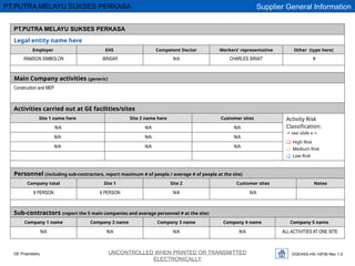 OGEHSS-HS-10F06 Rev 1.0
UNCONTROLLED WHEN PRINTED OR TRANSMITTED
ELECTRONICALLY
GE Proprietary
Supplier General Information
PT.PUTRA MELAYU SUKSES PERKASA
PT.PUTRA MELAYU SUKSES PERKASA
Legal entity name here
Employer EHS Competent Doctor Workers’ representative Other (type here)
RAMSON SIMBOLON BINSAR N/A CHARLES SIRAIT #
Main Company activities (generic)
Construction and MEP
Activities carried out at GE facilities/sites
Site 1 name here Site 2 name here Customer sites Activity Risk
Classification:
-> see slide x <-
❑ High Risk
❑ Medium Risk
❑ Low Risk
N/A N/A N/A
N/A N/A N/A
N/A N/A N/A
Personnel (including sub-contractors, report maximum # of people / average # of people at the site)
Company total Site 1 Site 2 Customer sites Notes
8 PERSON 8 PERSON N/A N/A
Sub-contractors (report the 5 main companies and average personnel # at the site)
Company 1 name Company 2 name Company 3 name Company 4 name Company 5 name
N/A N/A N/A N/A ALL ACTIVITIES AT ONE SITE
 