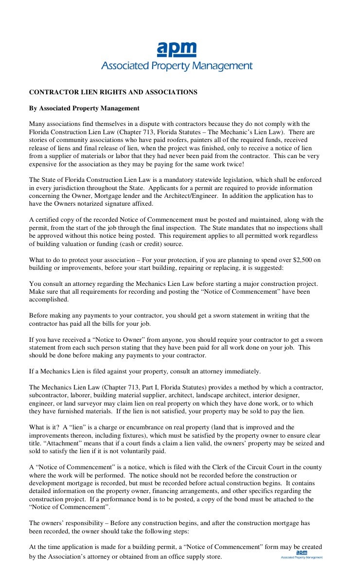 contractor lien rights and community associations notice to owner form florida