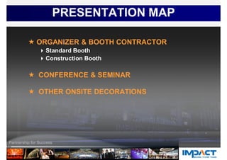 PRESENTATION MAP
 ORGANIZER & BOOTH CONTRACTOR
Standard Booth
Construction Booth
 CONFERENCE & SEMINAR
 OTHER ONSITE DECORATIONS
 