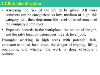 • Assessing the risk of the job to be given. All work
contracts can be categorized as low, medium or high, this
category will then determine the level of involvement of
the company's employer
• Exposure hazards in the workplace, the nature of the job,
and the job's location determines the risk level jobs.
Example: working in high areas with potential falls,
exposure to noise, heat stress, the danger of tripping, lifting
operations, and whether the work is done off-shore /
onshore.
1.1.Risk Identification
 