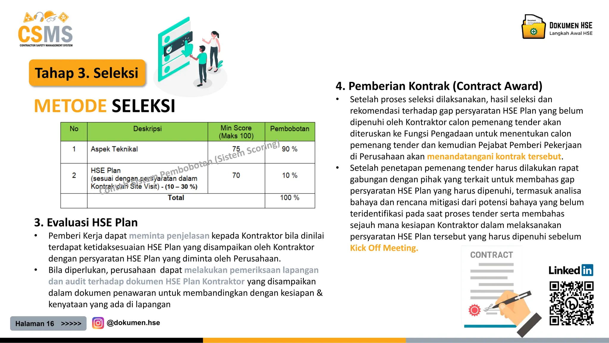 Halaman 16 >>>>>
Tahap 3. Seleksi
METODE SELEKSI
3. Evaluasi HSE Plan
• Pemberi Kerja dapat meminta penjelasan kepada Kontraktor bila dinilai
terdapat ketidaksesuaian HSE Plan yang disampaikan oleh Kontraktor
dengan persyaratan HSE Plan yang diminta oleh Perusahaan.
• Bila diperlukan, perusahaan dapat melakukan pemeriksaan lapangan
dan audit terhadap dokumen HSE Plan Kontraktor yang disampaikan
dalam dokumen penawaran untuk membandingkan dengan kesiapan &
kenyataan yang ada di lapangan
4. Pemberian Kontrak (Contract Award)
• Setelah proses seleksi dilaksanakan, hasil seleksi dan
rekomendasi terhadap gap persyaratan HSE Plan yang belum
dipenuhi oleh Kontraktor calon pemenang tender akan
diteruskan ke Fungsi Pengadaan untuk menentukan calon
pemenang tender dan kemudian Pejabat Pemberi Pekerjaan
di Perusahaan akan menandatangani kontrak tersebut.
• Setelah penetapan pemenang tender harus dilakukan rapat
gabungan dengan pihak yang terkait untuk membahas gap
persyaratan HSE Plan yang harus dipenuhi, termasuk analisa
bahaya dan rencana mitigasi dari potensi bahaya yang belum
teridentifikasi pada saat proses tender serta membahas
sejauh mana kesiapan Kontraktor dalam melaksanakan
persyaratan HSE Plan tersebut yang harus dipenuhi sebelum
Kick Off Meeting.
 