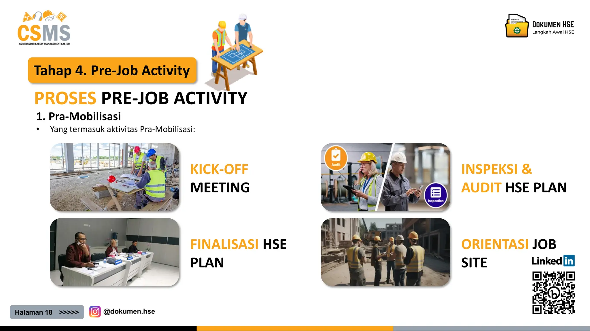 Halaman 18 >>>>>
Tahap 4. Pre-Job Activity
PROSES PRE-JOB ACTIVITY
1. Pra-Mobilisasi
• Yang termasuk aktivitas Pra-Mobilisasi:
KICK-OFF
MEETING
FINALISASI HSE
PLAN
INSPEKSI &
AUDIT HSE PLAN
ORIENTASI JOB
SITE
 
