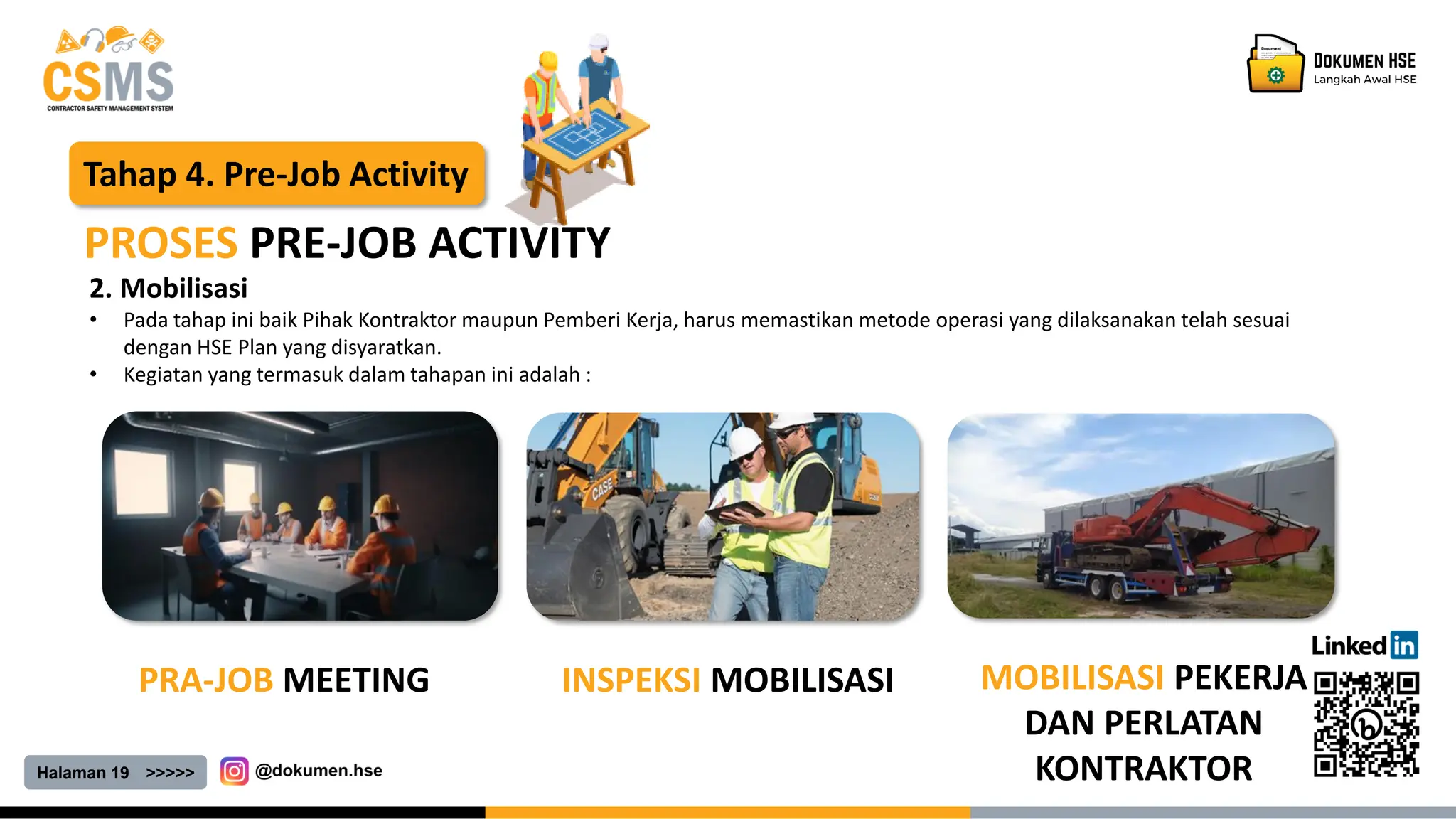 Halaman 19 >>>>>
Tahap 4. Pre-Job Activity
PROSES PRE-JOB ACTIVITY
2. Mobilisasi
• Pada tahap ini baik Pihak Kontraktor maupun Pemberi Kerja, harus memastikan metode operasi yang dilaksanakan telah sesuai
dengan HSE Plan yang disyaratkan.
• Kegiatan yang termasuk dalam tahapan ini adalah :
PRA-JOB MEETING MOBILISASI PEKERJA
DAN PERLATAN
KONTRAKTOR
INSPEKSI MOBILISASI
 