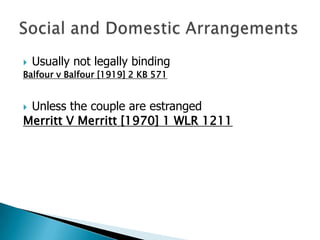    Usually not legally binding
Balfour v Balfour [1919] 2 KB 571


Unless the couple are estranged
Merritt V Merritt [1970] 1 WLR 1211
 