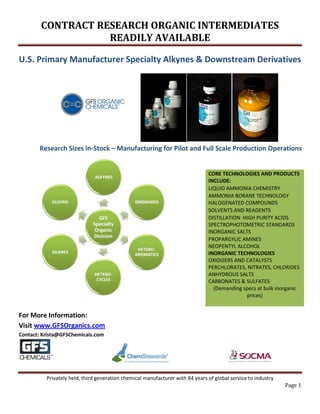 CONTRACT RESEARCH ORGANIC INTERMEDIATES
                   READILY AVAILABLE

U.S. Primary Manufacturer Specialty Alkynes & Downstream Derivatives




       Research Sizes in-Stock – Manufacturing for Pilot and Full Scale Production Operations


                                                                               CORE TECHNOLOGIES AND PRODUCTS
                                                                               INCLUDE:
                                                                               LIQUID AMMONIA CHEMISTRY
                                                                               AMMONIA BORANE TECHNOLOGY
                                                                               HALOGENATED COMPOUNDS
                                                                               SOLVENTS AND REAGENTS
                                                                               DISTILLATION HIGH PURITY ACIDS
                                                                               SPECTROPHOTOMETRIC STANDARDS
                                                                               INORGANIC SALTS
                                                                               PROPARGYLIC AMINES
                                                                               NEOPENTYL ALCOHOL
                                                                               INORGANIC TECHNOLOGIES
                                                                               OXIDIZERS AND CATALYSTS
                                                                               PERCHLORATES, NITRATES, CHLORIDES
                                                                               ANHYDROUS SALTS
                                                                               CARBONATES & SULFATES
                                                                                 (Demanding specs at bulk inorganic
                                                                                             prices)


For More Information:
Visit www.GFSOrganics.com
Contact: Krista@GFSChemicals.com




          Privately held, third generation chemical manufacturer with 84 years of global service to industry
                                                                                                               Page 1
 
