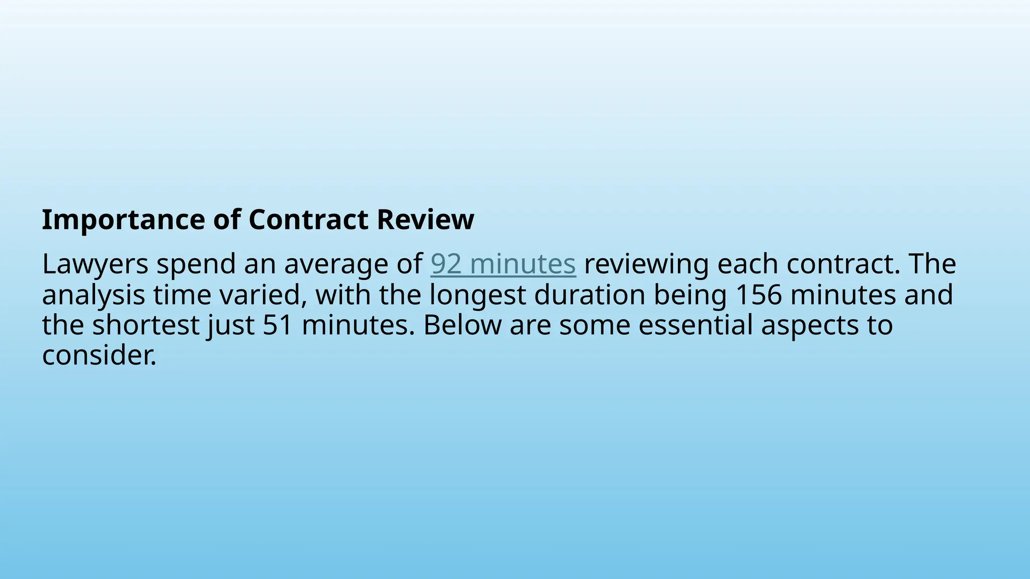 Importance of Contract Review
Lawyers spend an average of 92 minutes reviewing each contract. The
analysis time varied, with the longest duration being 156 minutes and
the shortest just 51 minutes. Below are some essential aspects to
consider.
 