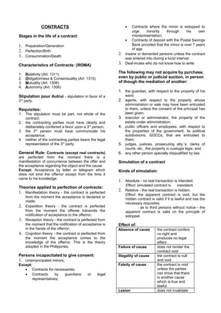 CONTRACTS
Stages in the life of a contract:
1. Preparation/Generation
2. Perfection/Birth
3. Consummation/Death
Characteri...