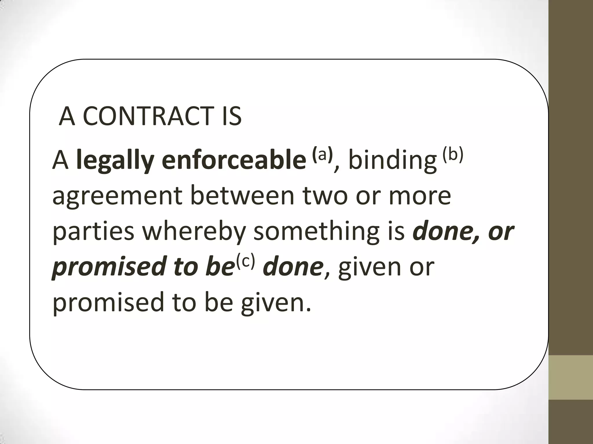 A CONTRACT IS
A legally enforceable (a), binding (b)
agreement between two or more
parties whereby something is done, or
promised to be(c) done, given or
promised to be given.

 