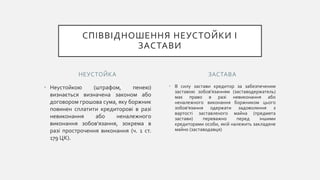 НЕУСТОЙКА
• Неустойкою (штрафом, пенею)
визнається визначена законом або
договором грошова сума, яку боржник
повинен сплатити кредиторові в разі
невиконання або неналежного
виконання зобов'язання, зокрема в
разі прострочення виконання (ч. 1 ст.
179 ЦК).
• В силу застави кредитор за забезпеченим
заставою зобов'язанням (заставодержатель)
має право в разі невиконання або
неналежного виконання боржником цього
зобов'язання одержати задоволення з
вартості заставленого майна (предмета
застави) переважно перед іншими
кредиторами особи, якій належить закладене
майно (заставодавця)
ЗАСТАВА
СПІВВІДНОШЕННЯ НЕУСТОЙКИ І
ЗАСТАВИ
 