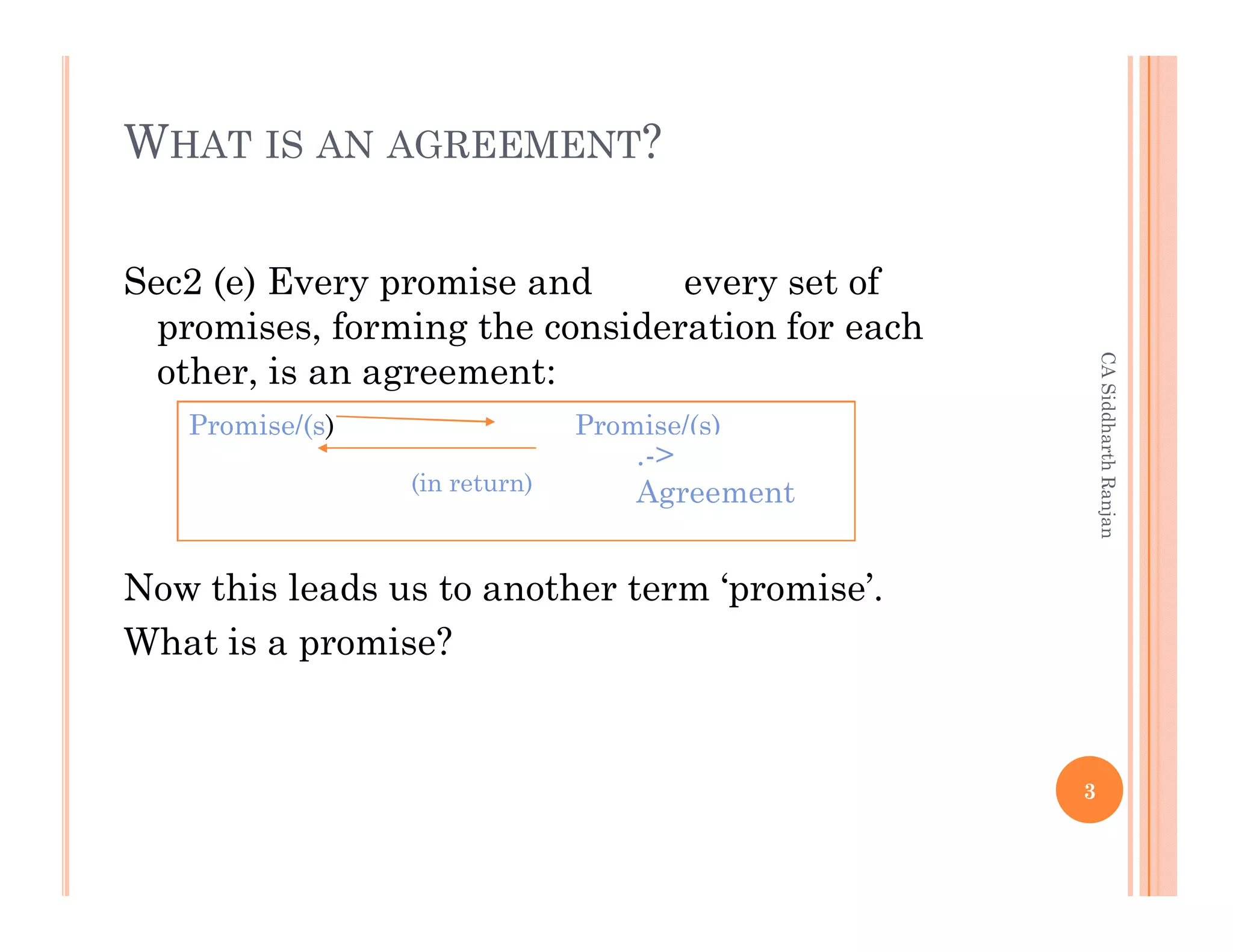 WHAT IS AN AGREEMENT?

Sec2 (e) Every promise and      every set of
  promises, forming the consideration for each




                                                     CA Siddharth Ranjan
  other, is an agreement:
   Promise/(s)                 Promise/(s)
                                   .->
                 (in return)       Agreement


Now this leads us to another term ‘promise’.
What is a promise?


                                                 3
 