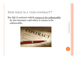 NOW WHAT IS A ‘VOID CONTRACT’?
Sec 2(j) A contract which ceases to be enforceable
  by law becomes void when it ceases to be




                                                      CA Siddharth Ranjan
  enforceable.




                                                     15
 