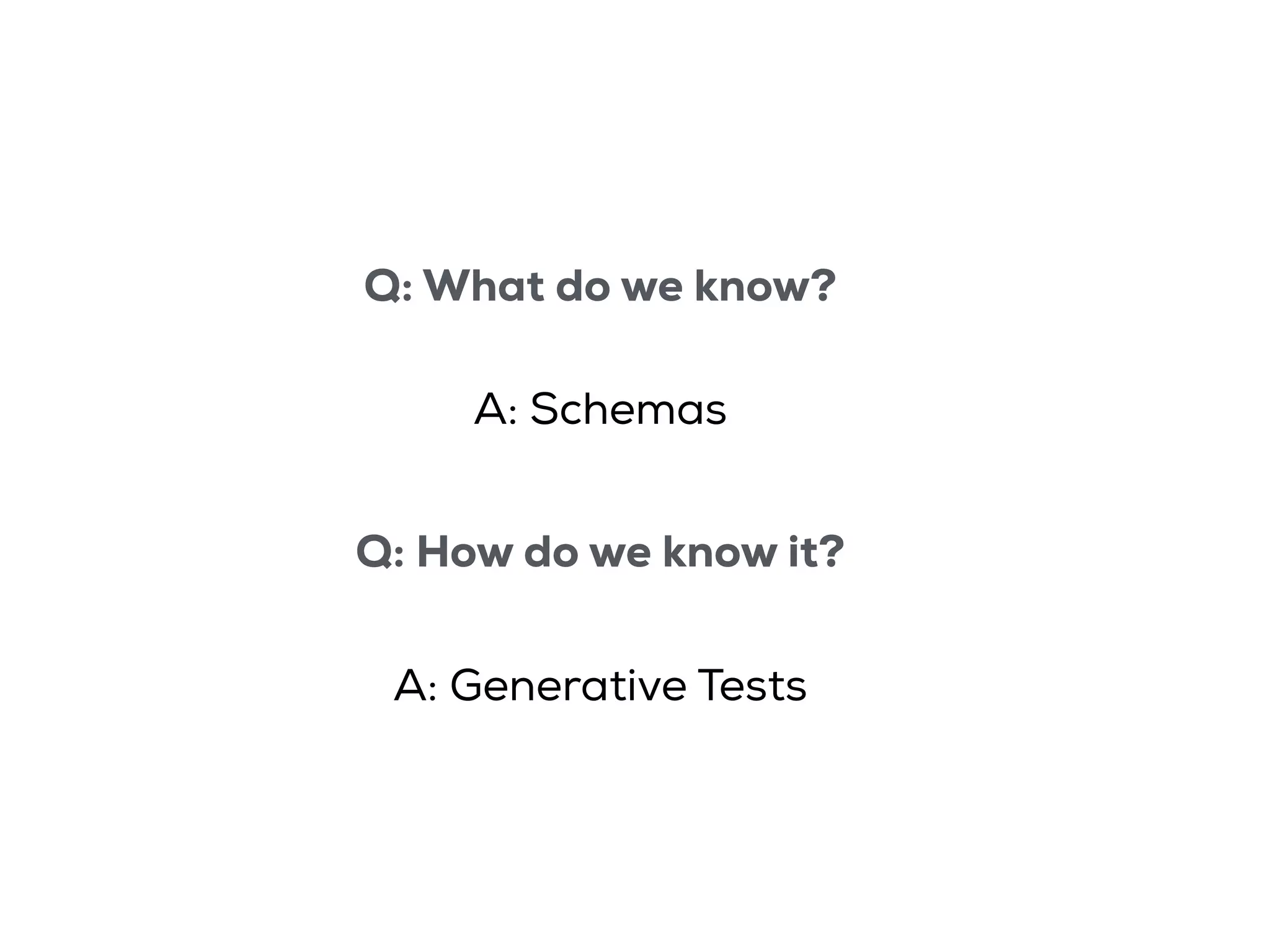 Q: What do we know?
A: Schemas
Q: How do we know it?
A: Generative Tests
 