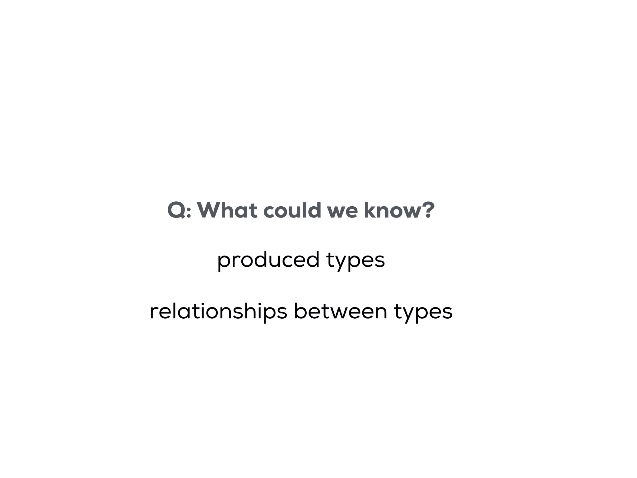 Q: What could we know?
produced types
relationships between types
 