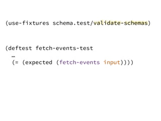 (deftest fetch-events-test
…
(= (expected (fetch-events input))))
(use-fixtures schema.test/validate-schemas)
 