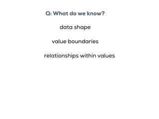 Q: What do we know?
data shape
value boundaries
relationships within values
 