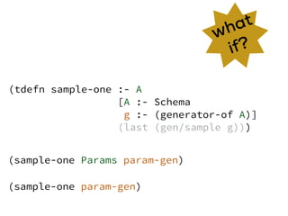 (tdefn sample-one :- A
[A :- Schema
g :- (generator-of A)]
(last (gen/sample g)))
what
if?
(sample-one Params param-gen)
(sample-one param-gen)
 